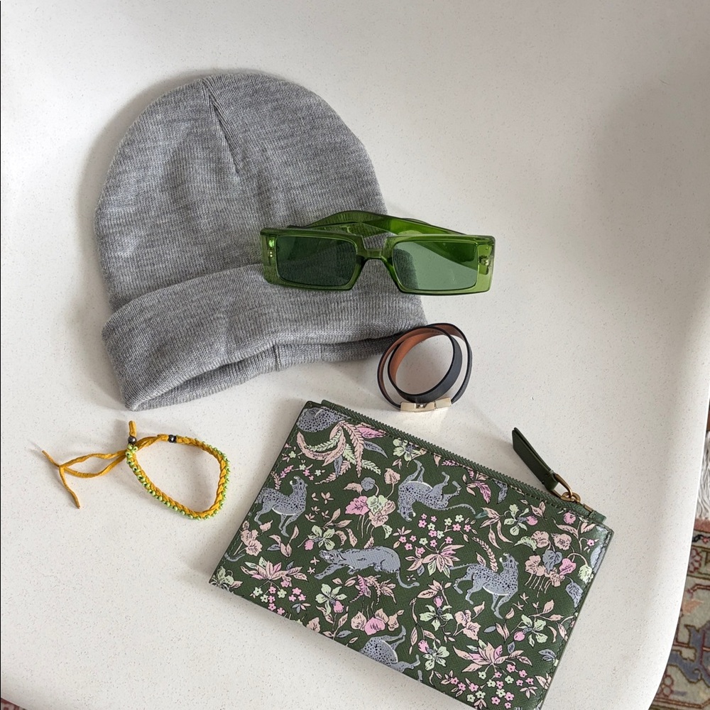 Gray Beanie and Green Sunglasses Set j crew leather pouch